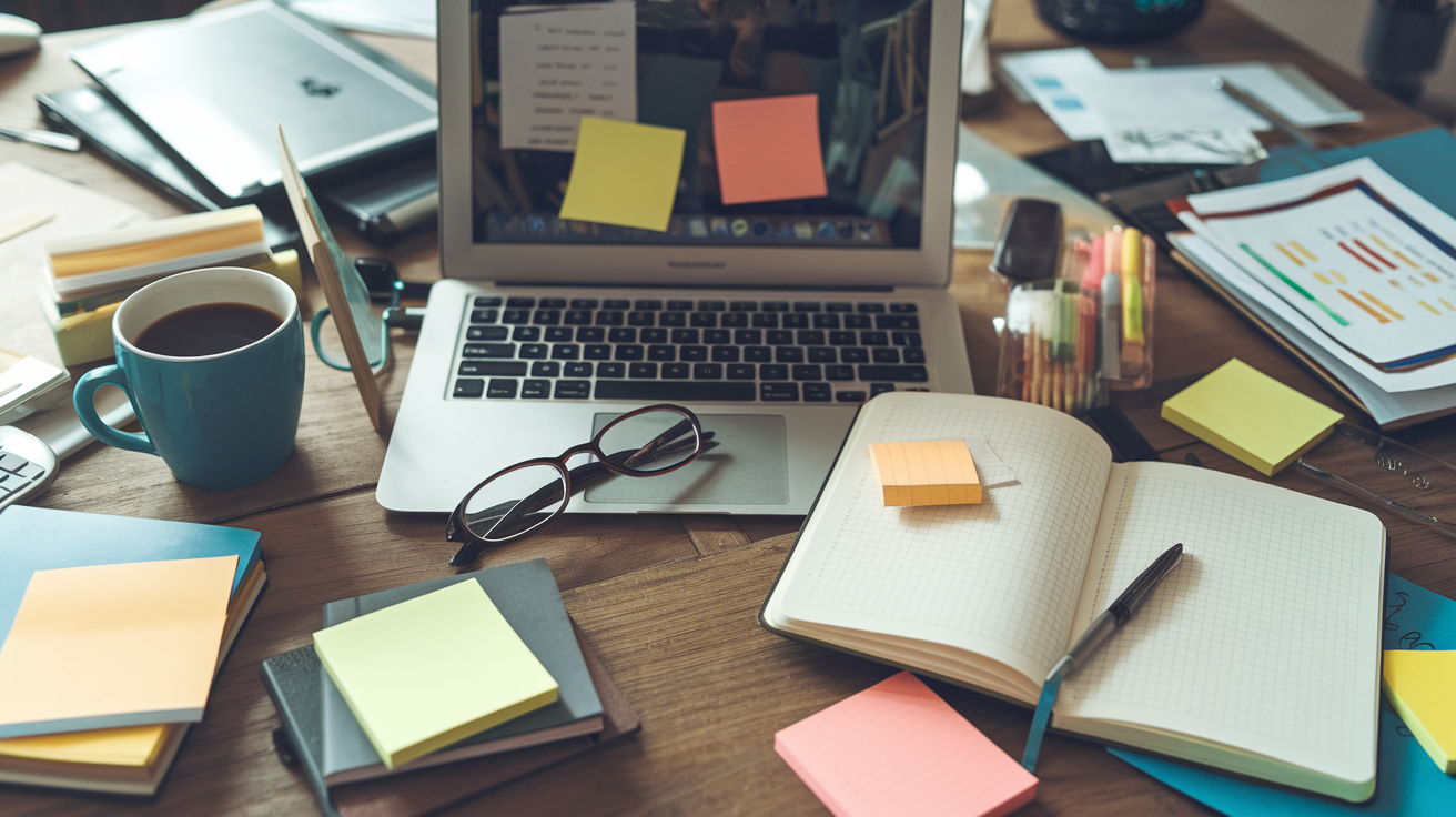 A cluttered workspace with a laptop, open notebook, glasses, sticky notes, a mug of coffee, and various other stationery items scattered around