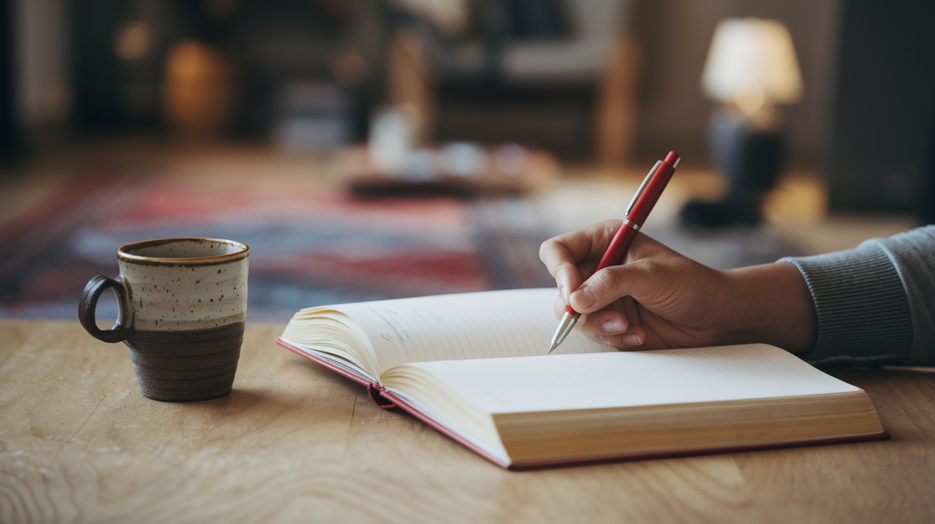 A person's hand holding a red pen, poised to write on an open book