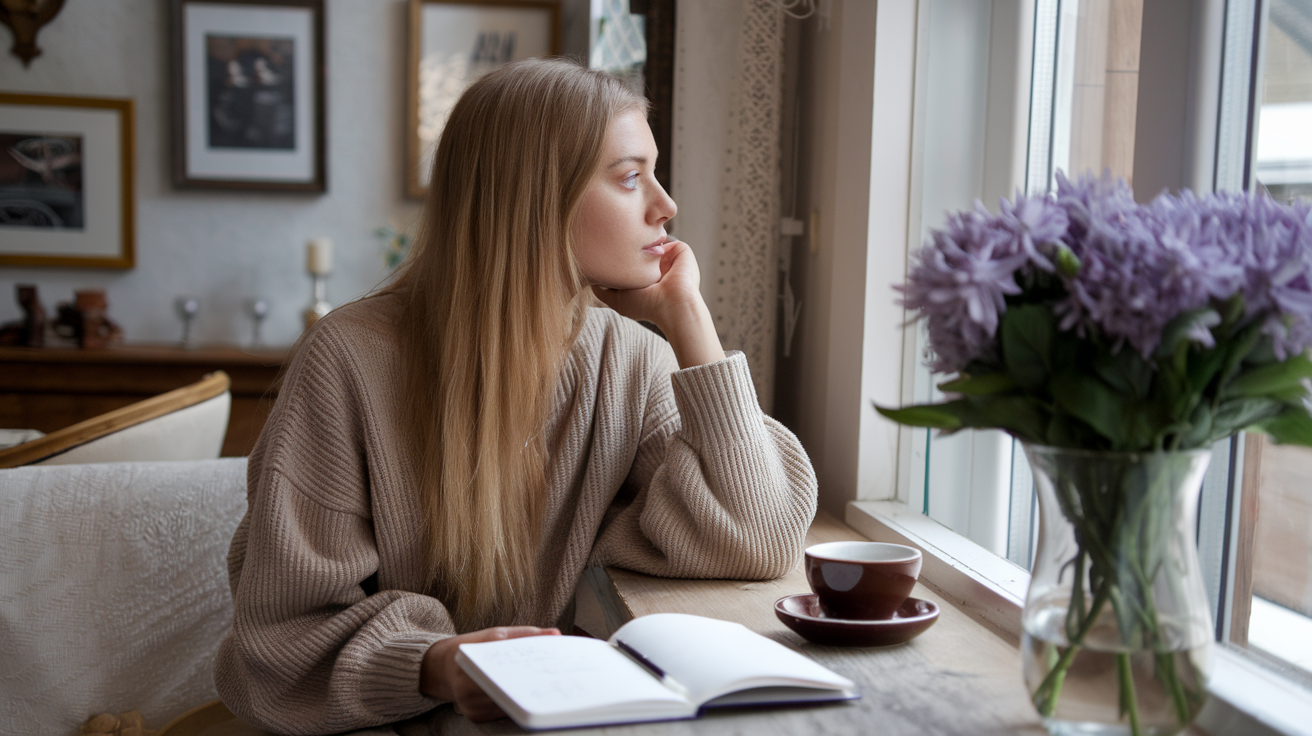 A woman with long blonde hair is seated by a window. On the table in front of her, there's a cup of coffee, a journal and pen