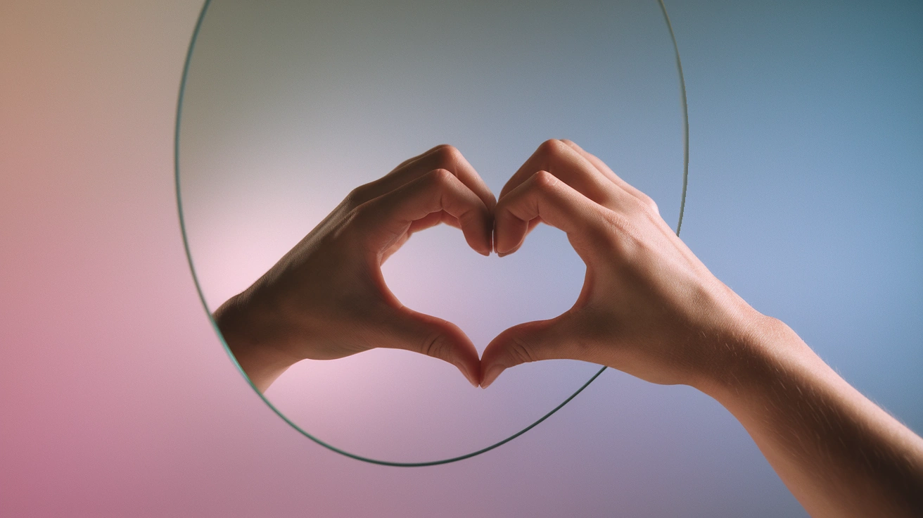 A hand pressed against a mirror, forming a heart shape in front of the mirror with the reflection of the same hand