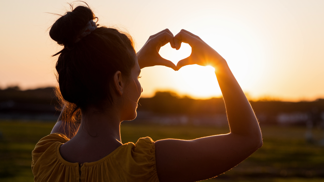 A silhouette of a woman, viewed from the back, as she frames the setting sun with her hands, making a heart shaped opening with her fingers that the sun is shining through