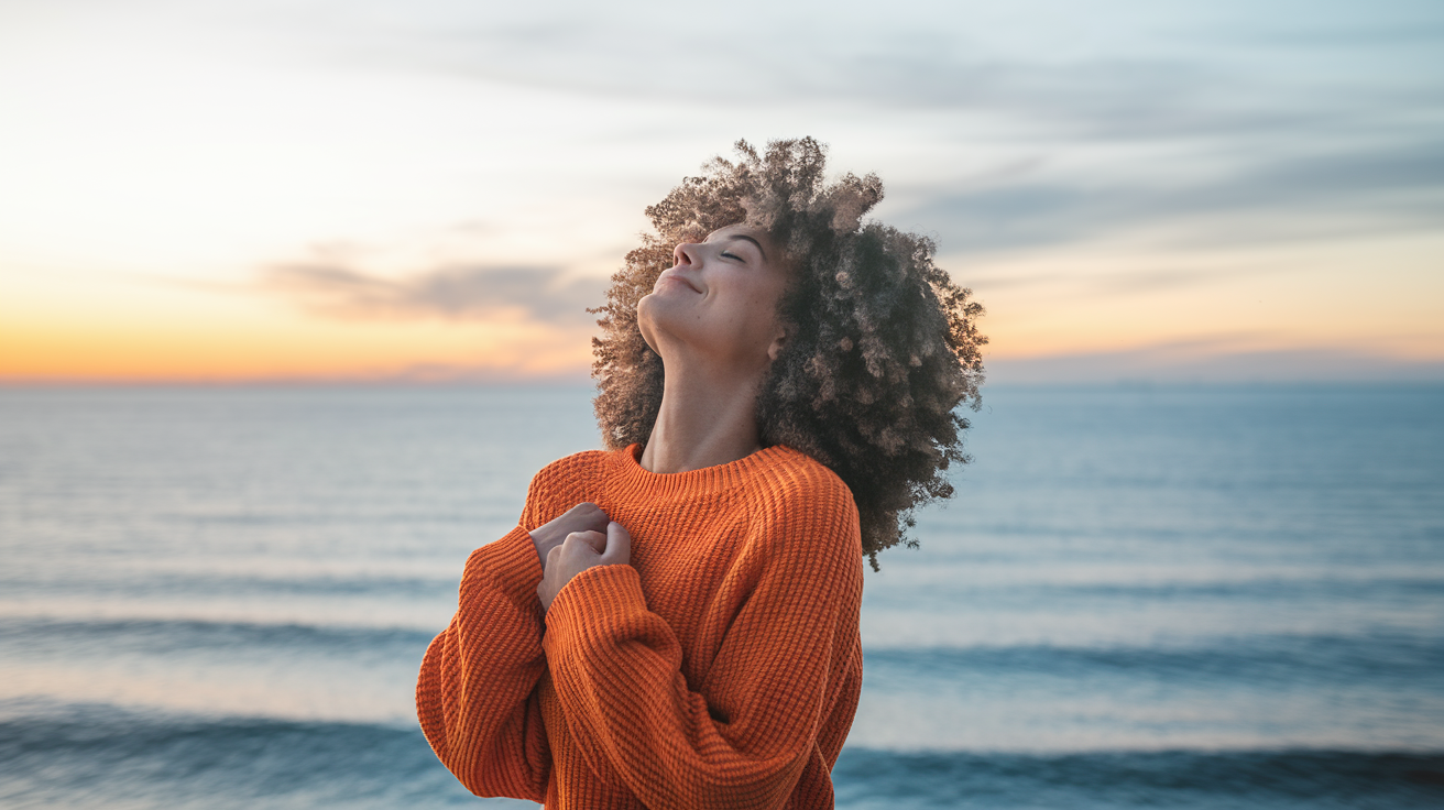 A woman with curly hair, wearing a bright orange sweater, standing by the seaside. She is tilting her head back, closing her eyes, and embracing the warmth of the sunlight