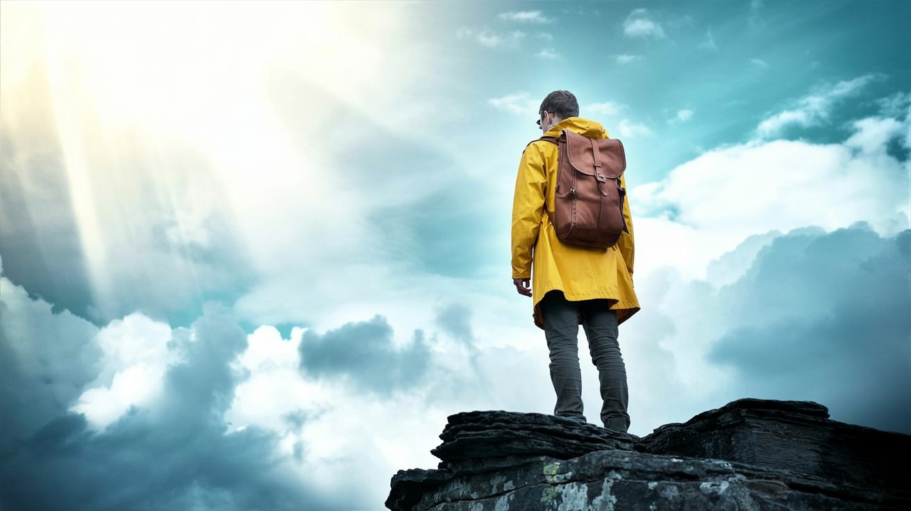 a person in a bright yellow raincoat standing on top of a dark rocky outcrop against a moody sky