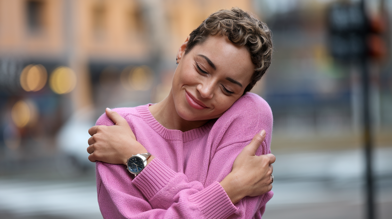A woman with short curly hair, wearing a pink sweater. She is seen hugging herself with her eyes closed, exuding a sense of contentment
