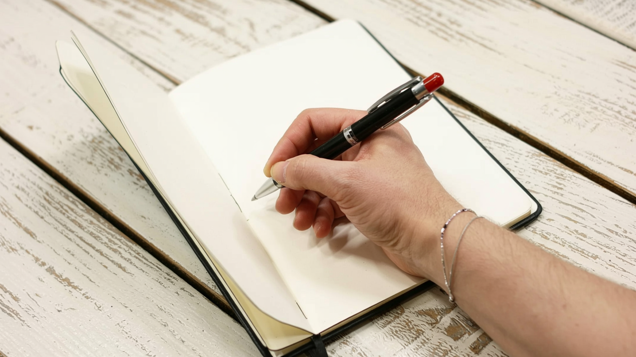 a hand writing in a white blank notebook on a light wooden surface. The hand is holding a black and silver pen with a red accent
